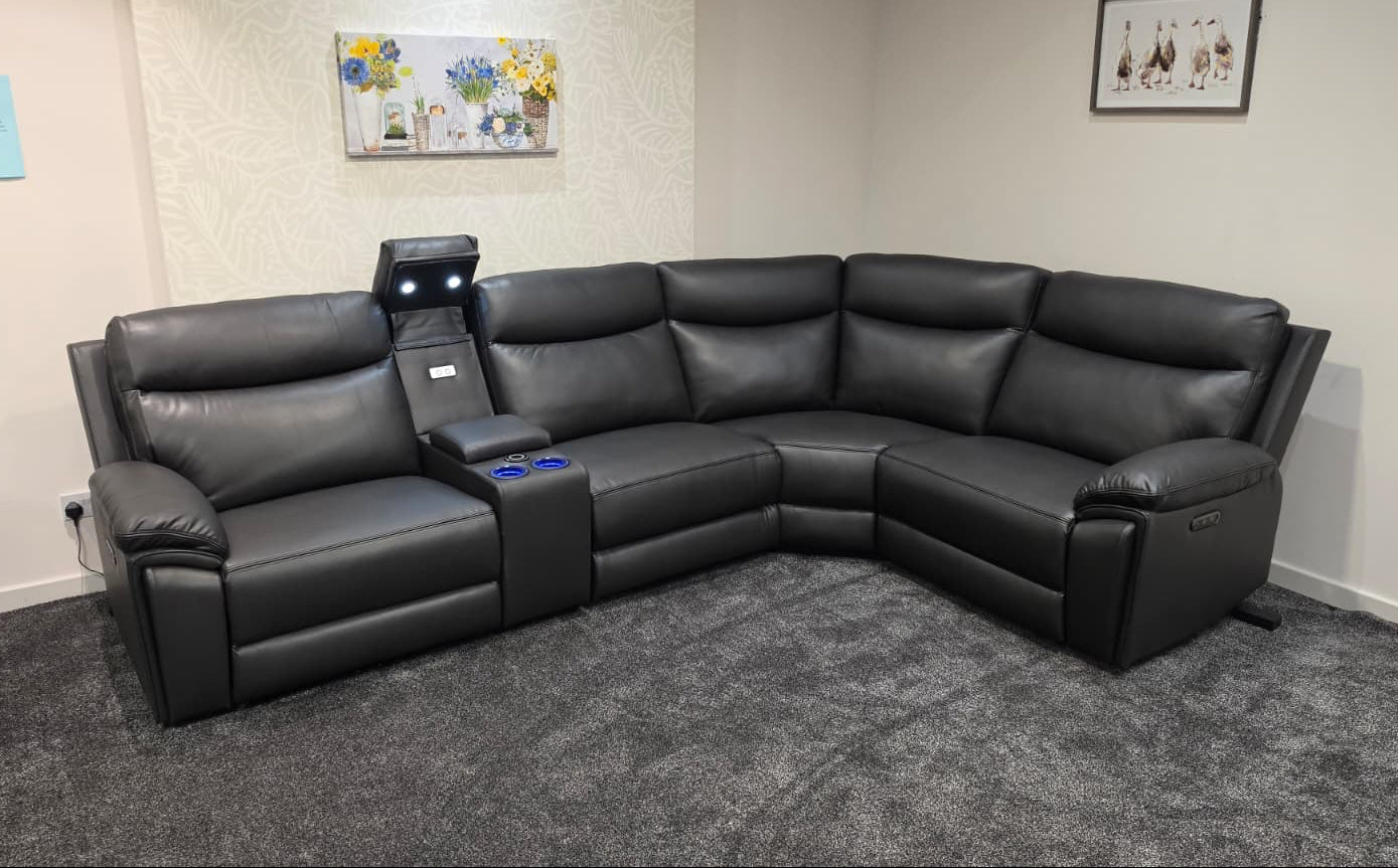 (Back In Stock 15th August) "Xavier" Charcoal Grey Leather Power Recliner Corner Sofa With USB Charging Ports, Drinks Cooling Cup Holders Plus Many More Modern Features