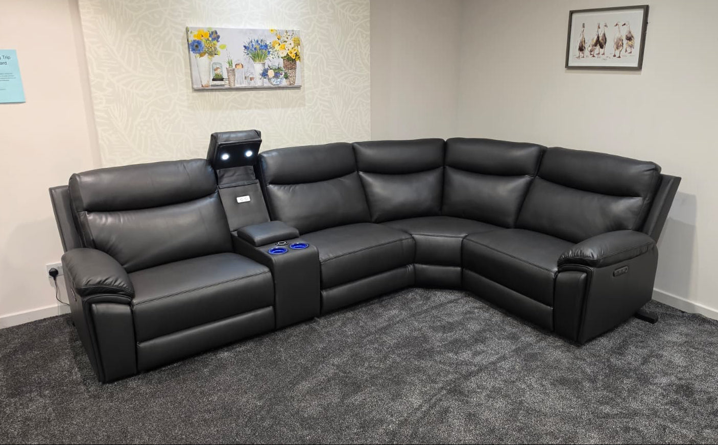 (Back In Stock 15th August) "Xavier" Charcoal Grey Leather Power Recliner Corner Sofa With USB Charging Ports, Drinks Cooling Cup Holders Plus Many More Modern Features