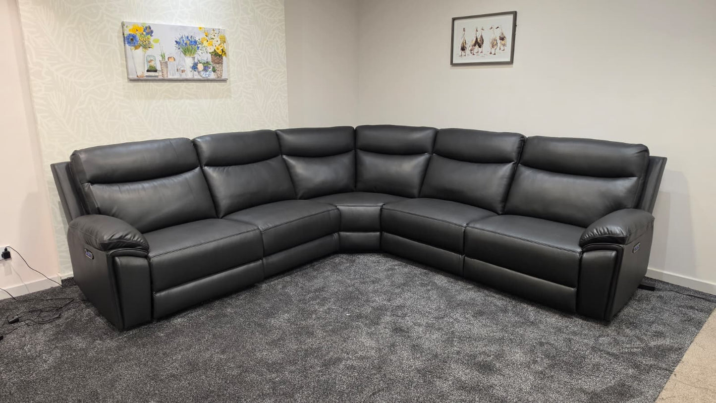 (Back In Stock 15th August) "Xavier" Charcoal Grey Leather Power Recliner Corner Sofa With USB Charging Ports, Drinks Cooling Cup Holders Plus Many More Modern Features
