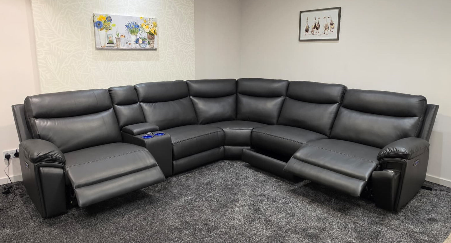 (Back In Stock 15th August) "Xavier" Charcoal Grey Leather Power Recliner Corner Sofa With USB Charging Ports, Drinks Cooling Cup Holders Plus Many More Modern Features
