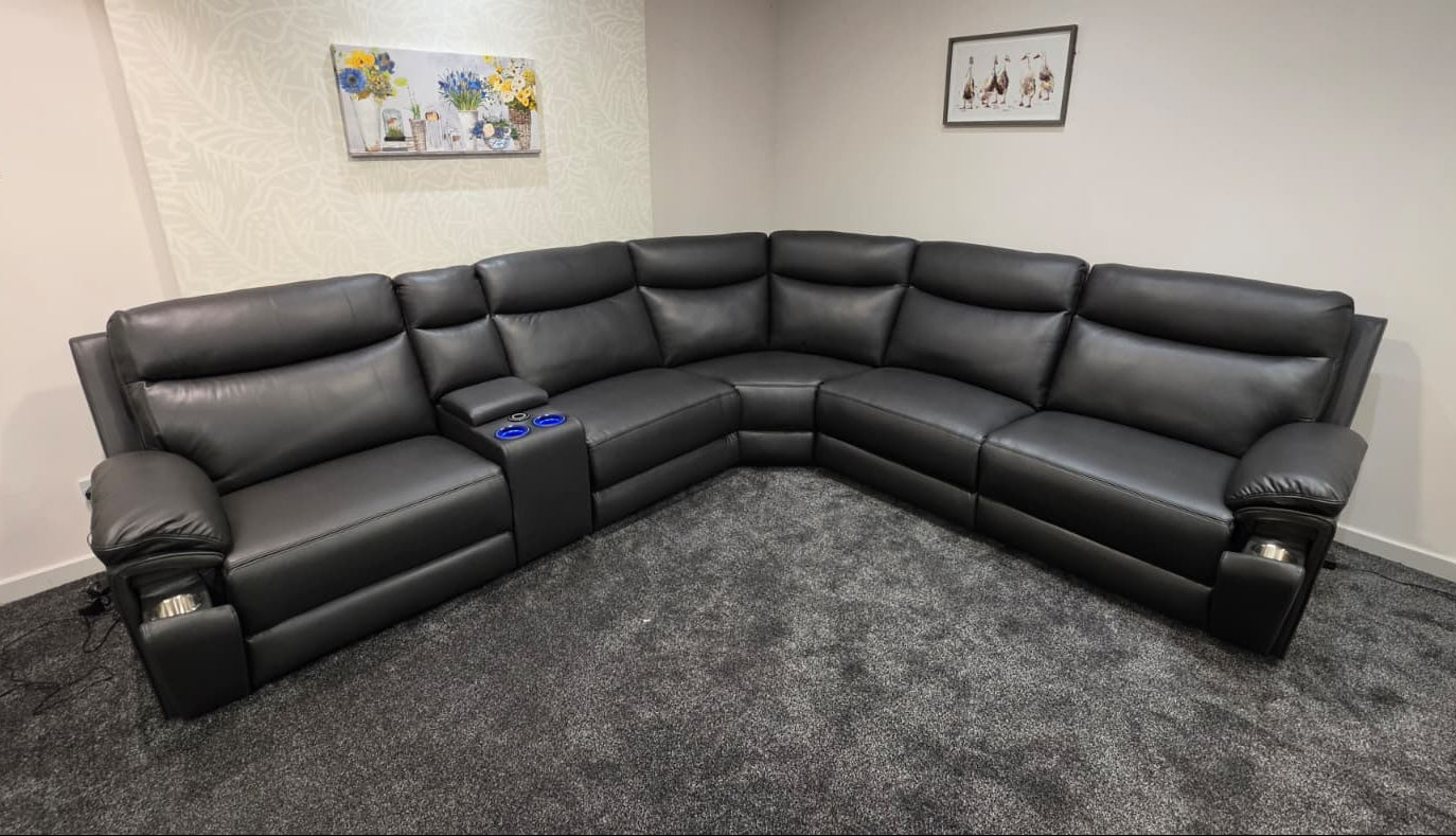 (Back In Stock 15th August) "Xavier" Charcoal Grey Leather Power Recliner Corner Sofa With USB Charging Ports, Drinks Cooling Cup Holders Plus Many More Modern Features