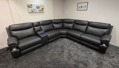 (Back In Stock 15th August) "Xavier" Charcoal Grey Leather Power Recliner Corner Sofa With USB Charging Ports, Drinks Cooling Cup Holders Plus Many More Modern Features