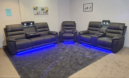 Donald Cinema Sofas | Drinks Coolers | Wireless Charging | Bluetooth Speakers | Power Adjustable Headrests | Express Smart Tech Grey Fabric Power Recliner Sofa Range | Couch |