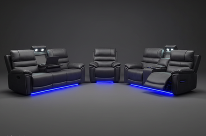 Donald Cinema Sofas | Drinks Coolers | Wireless Charging | Bluetooth Speakers | Power Adjustable Headrests | Express Smart Tech Grey Fabric Power Recliner Sofa Range | Couch |