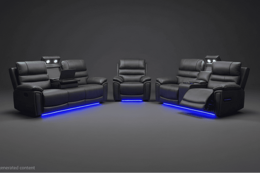 (Pre Order Now, Stock Arrives 15th August) Donald Cinema 3 Seater + 2 Seater + Armchair Sofa Set | Drinks Coolers | Wireless Charging | Bluetooth Speakers | Power Adjustable Headrests | Express Smart Tech Grey Fabric Power Recliner Sofa Range | Couch |
