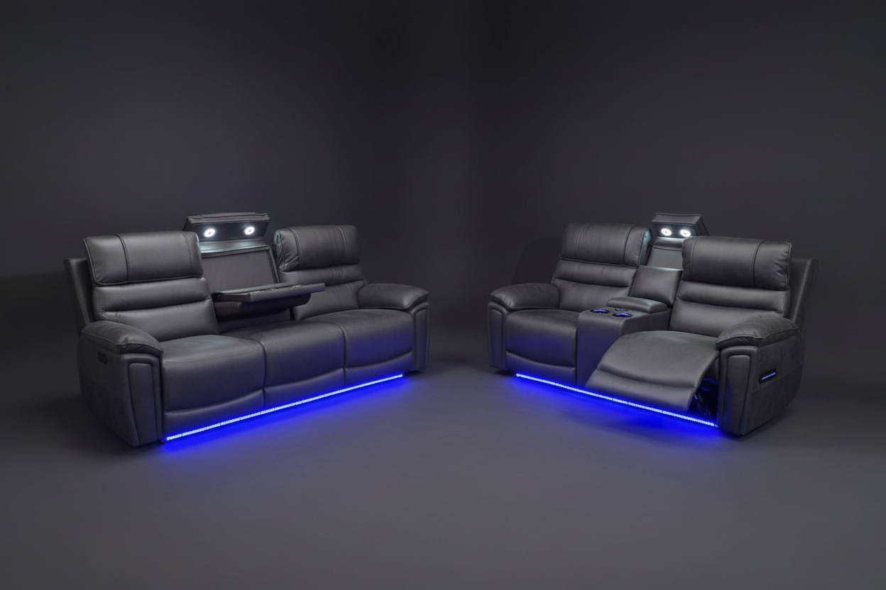 Donald Cinema Sofas | Drinks Coolers | Wireless Charging | Bluetooth Speakers | Power Adjustable Headrests | Express Smart Tech Grey Fabric Power Recliner Sofa Range | Couch |