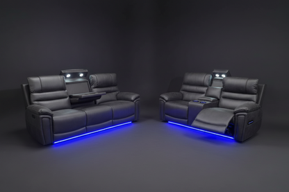 Donald Cinema Sofas | Drinks Coolers | Wireless Charging | Bluetooth Speakers | Power Adjustable Headrests | Express Smart Tech Grey Fabric Power Recliner Sofa Range | Couch |