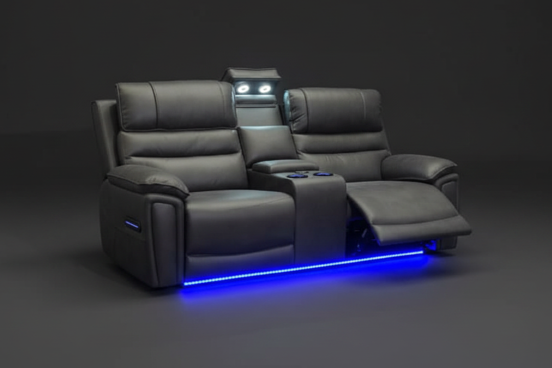 Donald Cinema Sofas | Drinks Coolers | Wireless Charging | Bluetooth Speakers | Power Adjustable Headrests | Express Smart Tech Grey Fabric Power Recliner Sofa Range | Couch |