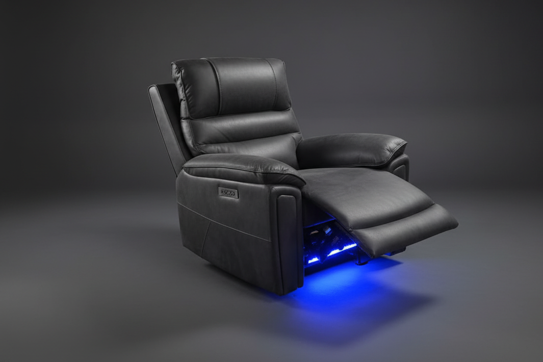 Donald Cinema Sofas | Drinks Coolers | Wireless Charging | Bluetooth Speakers | Power Adjustable Headrests | Express Smart Tech Grey Fabric Power Recliner Sofa Range | Couch |