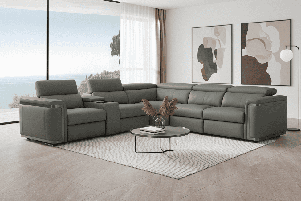 Plaza Electric Recliner Charcoal Milano Top Grain Leather Corner Sofa With Charging Console