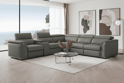 Plaza Electric Recliner Charcoal Milano Top Grain Leather Corner Sofa With Charging Console