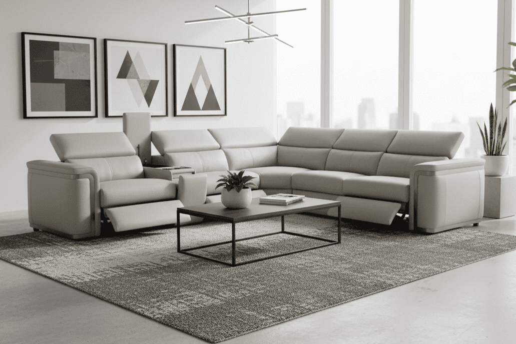 Plaza Electric Recliner Silver Top Grain Leather Corner Sofa With Charging Console