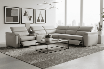 Plaza Electric Recliner Silver Top Grain Leather Corner Sofa With Charging Console