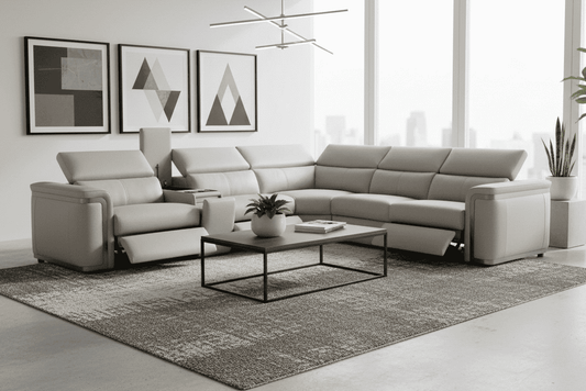 Plaza Electric Recliner Silver Top Grain Leather Corner Sofa With Charging Console