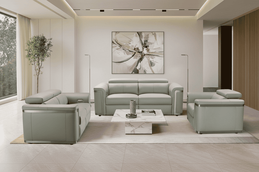 Plaza Top Grain Silver Leather Power Recliner Sofa Range with Adjustable Headrests