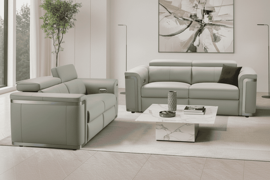 Plaza Top Grain Silver Leather Power Recliner Sofa Range with Adjustable Headrests