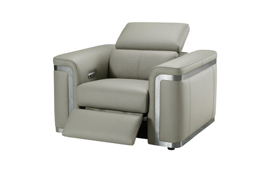 Plaza Top Grain Silver Leather Power Recliner Armchair / 1 Seater Sofa with Adjustable Headrests