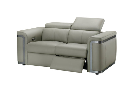 Plaza Top Grain Silver Leather Power Recliner 2 Seater Sofa with Adjustable Headrests