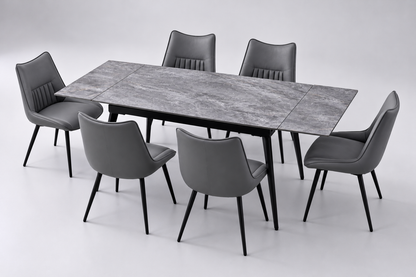 (Pre Order Deal, Arriving December 15th) "Regis" 120cm-180cm Ceramic Extending Dining Table & Grey Leather Celia Dining Chairs Set