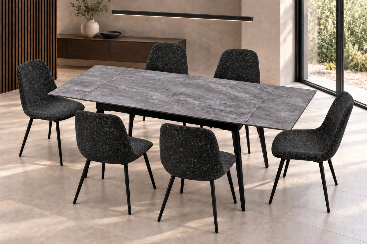 (Pre Order Deal, Arriving December 15th) "Regis" 120cm-180cm Ceramic Extending Dining Table & Grey Leather Yukon Charcoal Grey Fleck Fabric Dining Chairs Set
