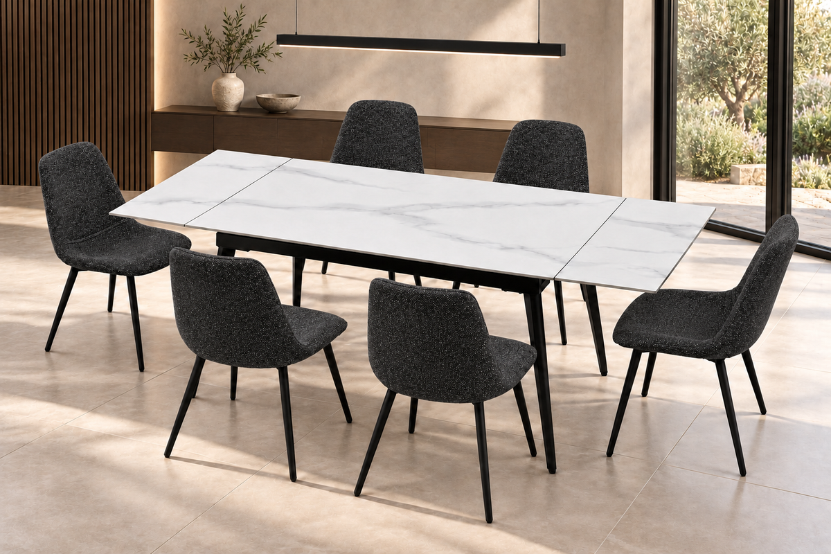 (Pre Order Deal, Arriving December 15th) "Regis" 120cm-180cm Ceramic Extending Dining Table & Grey Leather Yukon Charcoal Grey Fleck Fabric Dining Chairs Set