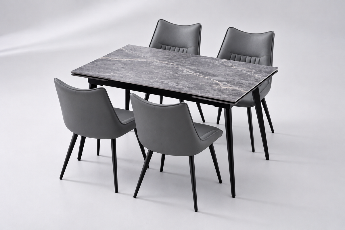 (Pre Order Deal, Arriving December 15th) "Regis" 120cm-180cm Ceramic Extending Dining Table & Grey Leather Celia Dining Chairs Set