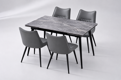 (Pre Order Deal, Arriving December 15th) "Regis" 120cm-180cm Ceramic Extending Dining Table & Grey Leather Celia Dining Chairs Set