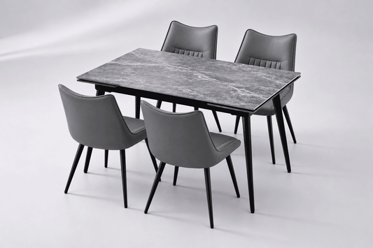 (Pre Order Deal, Arriving December 15th) "Regis" 120cm-180cm Ceramic Extending Dining Table & Grey Leather Celia Dining Chairs Set