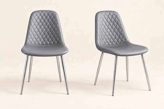 MEX Quilted Back Grey Leather Dining Chairs With Chrome Metal Legs | Set Of 2, 4, 6 or 8