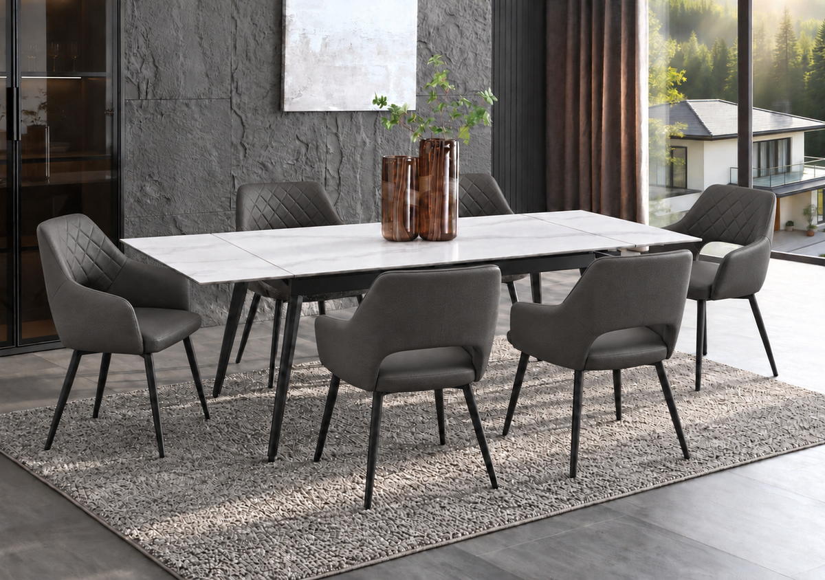 (Pre Order Deal, Arriving December 15th) "Regis" White 160cm-240cm Ceramic Extending Dining Table With Metal Black Legs With Callista Dining Chairs As A Set Of 4 Or 6 Chairs