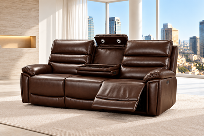 Calisese Brown Leather Electric Reclining Sofa Range Suite Set With USB Charging Ports & Drop Down Tray Table