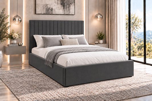 'Juliano' Grey Plush Velvet Fabric Ottoman Bed Frame & Medium Firm Mattress Package - 2 Sizes Available
