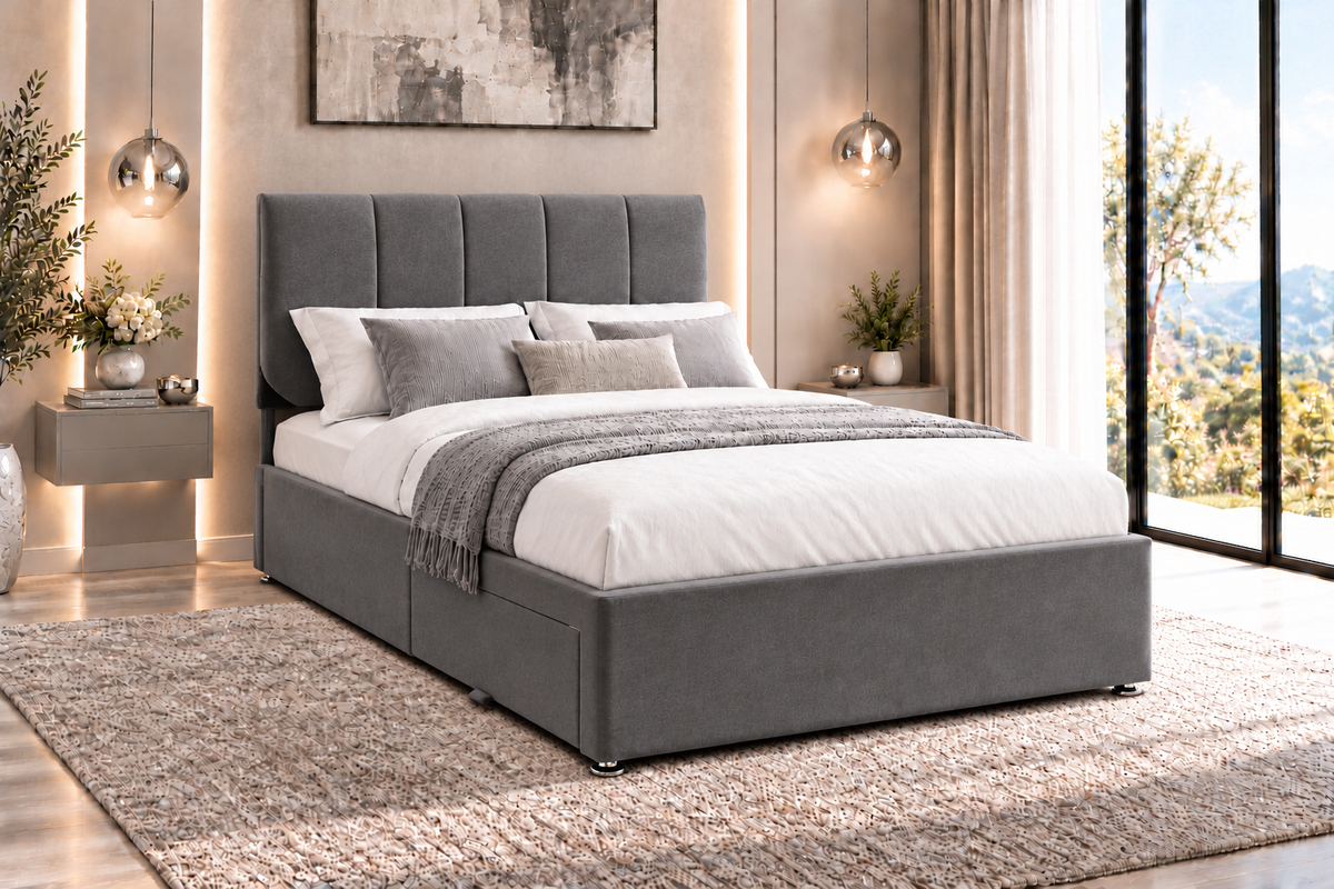 "Tsleep" Plush Grey Velvet Fabric Divan Storage Bed Frame - Frame Only - 3 Sizes Available