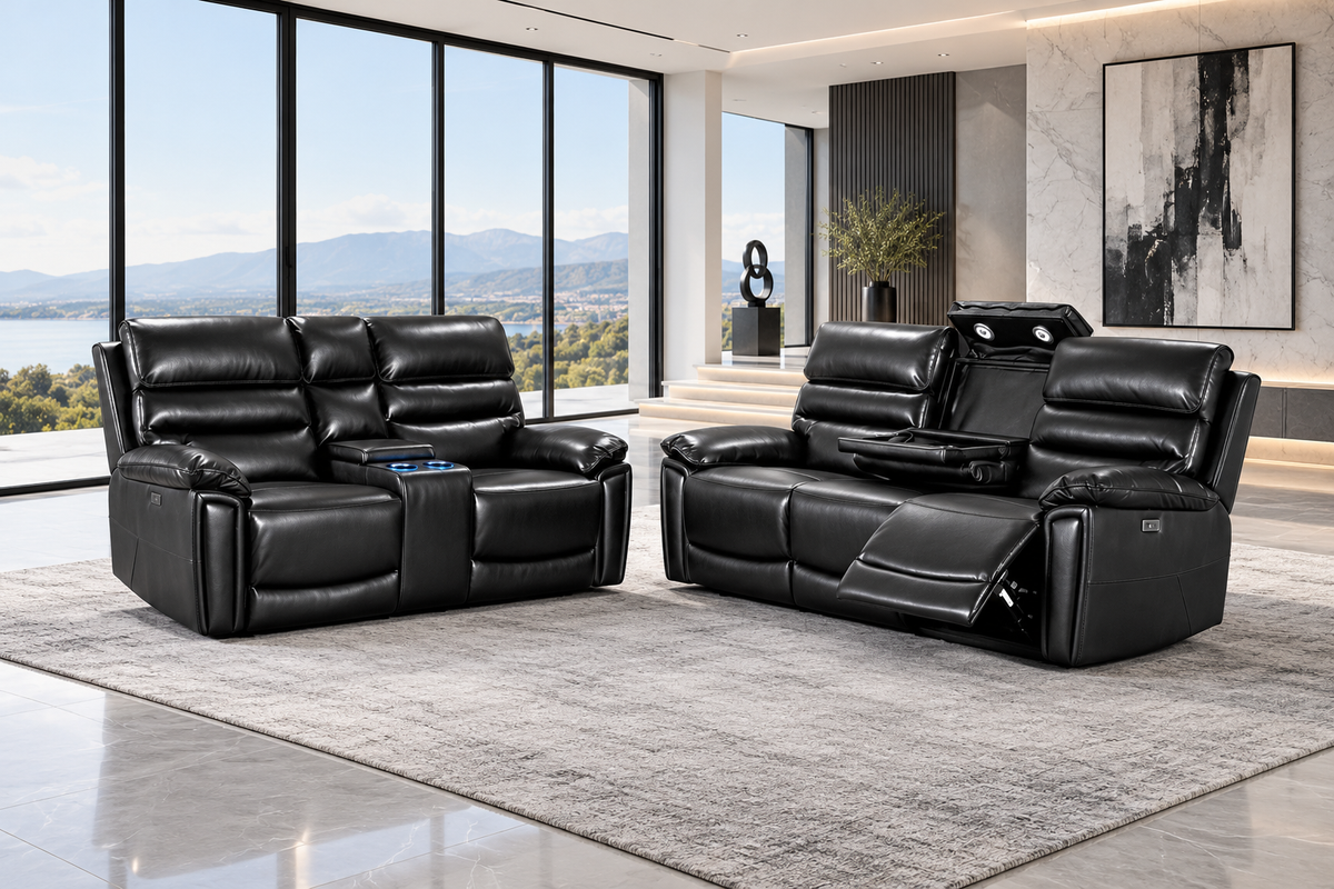 Calisese Black Leather Electric Reclining Sofa Range Suite Set With USB Charging Ports & Drop Down Tray Table