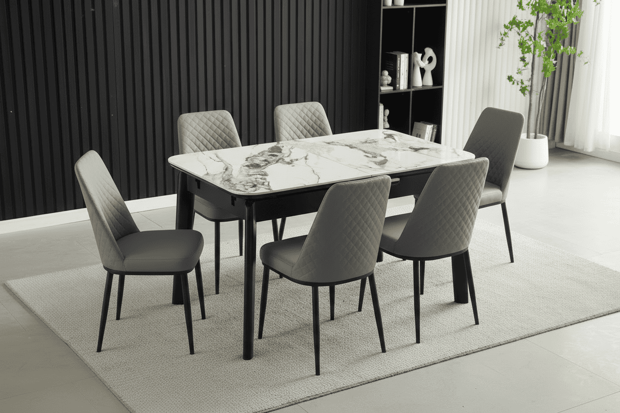 Complete Dining Set | 4 to 6 Dining Chairs + Arizona White Ceramic Extending Dining Table 130cm - 160cm