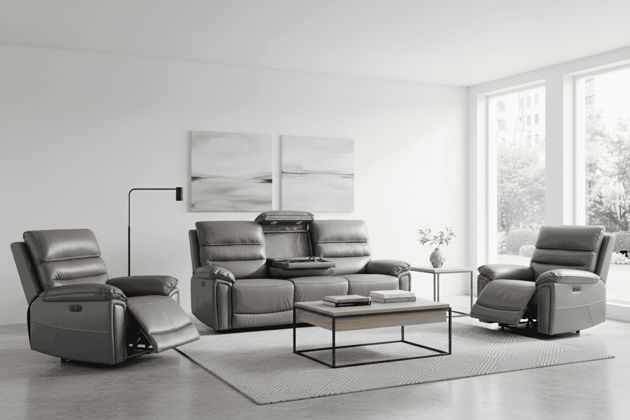 Donald Grey Leather Electric / Power Reclining Sofa Range Suite Set With Drinks Coolers USB Charging Ports & Drop Down Tray Table