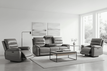 Donald Grey Leather Electric / Power Reclining Sofa Range Suite Set With Drinks Coolers USB Charging Ports & Drop Down Tray Table