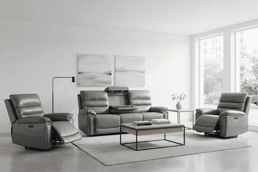 "Donald" Grey Leather Electric / Power Reclining 3 Seater Sofa + 2 Armchairs Sofa Set With USB Charging Ports & Drop Down Tray Table