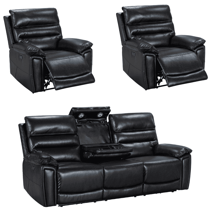 Pre Order Now! Donald Black Leather Electric / Power Reclining Sofa Range Suite Set With USB Charging Ports & Drop Down Tray Table