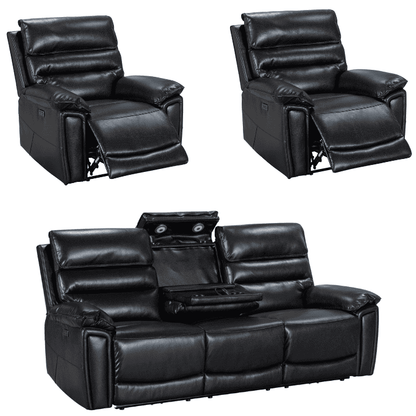 Pre Order Now! Donald Black Leather Electric / Power Reclining Sofa Range Suite Set With USB Charging Ports & Drop Down Tray Table