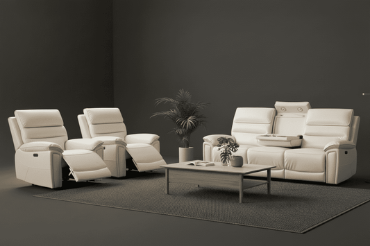 Bundle Deal! DFS Lawson Cream Leather Electric Reclining 3 Seater Sofa + 2 Armchairs Sofa Set With USB Charging Ports & Drop Down Tray Table