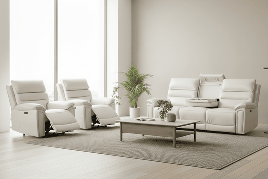 Donald Ivory Cream Leather Electric / Power Reclining 3 Seater Sofa + 2 Armchairs Sofa Set With USB Charging Ports & Drop Down Tray Table