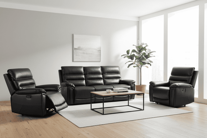 Donald Black Leather Electric / Power Reclining Sofa Range Suite Set With USB Charging Ports & Drop Down Tray Table