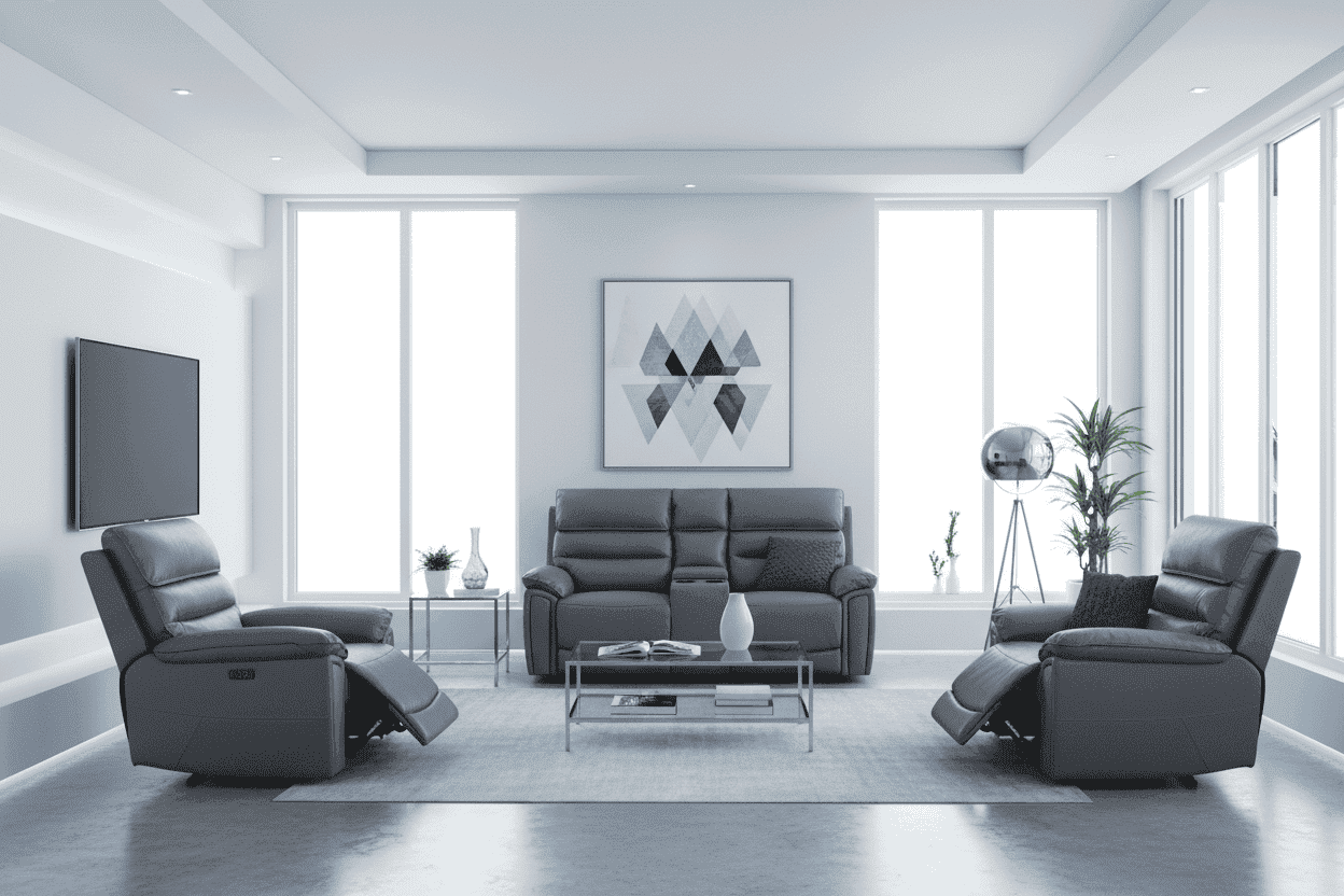 Donald Grey Leather Electric / Power Reclining Sofa Range Suite Set With Drinks Coolers USB Charging Ports & Drop Down Tray Table