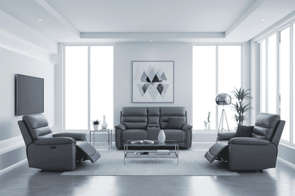 Donald Grey Leather Electric / Power Reclining Sofa Range Suite Set With Drinks Coolers USB Charging Ports & Drop Down Tray Table