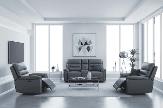 Donald Grey Leather Electric Reclining 2 Seater Sofa With Drinks Cooling Cup Holders + 2 Armchairs Set + USB Charging Ports