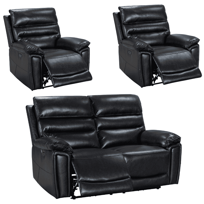 Pre Order Now! Donald Black Leather Electric / Power Reclining Sofa Range Suite Set With USB Charging Ports & Drop Down Tray Table