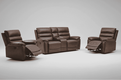 Donald Brown Leather Electric Reclining 2 Seater Sofa With Drinks Console + 2 Armchairs Sofa Set With USB Charging Ports