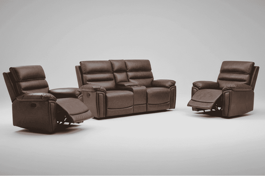 Donald Brown Leather Electric Reclining 2 Seater Sofa With Drinks Console + 2 Armchairs Sofa Set With USB Charging Ports