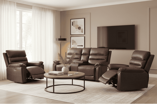 Donald Brown Leather Electric Reclining 2 Seater Sofa With Drinks Console + 2 Armchairs Sofa Set With USB Charging Ports
